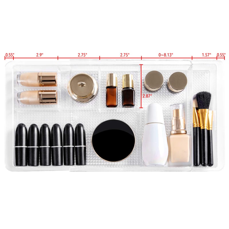 Oubonun Expandable Drawer Organizer 11.1â€ to 19.2â€ Width, Shallow Cosmetic Organizer 1.3â€ Height, 4 Packs, Clear Plastic Storage Trays for Dressing Table,Bathroom - Image 4